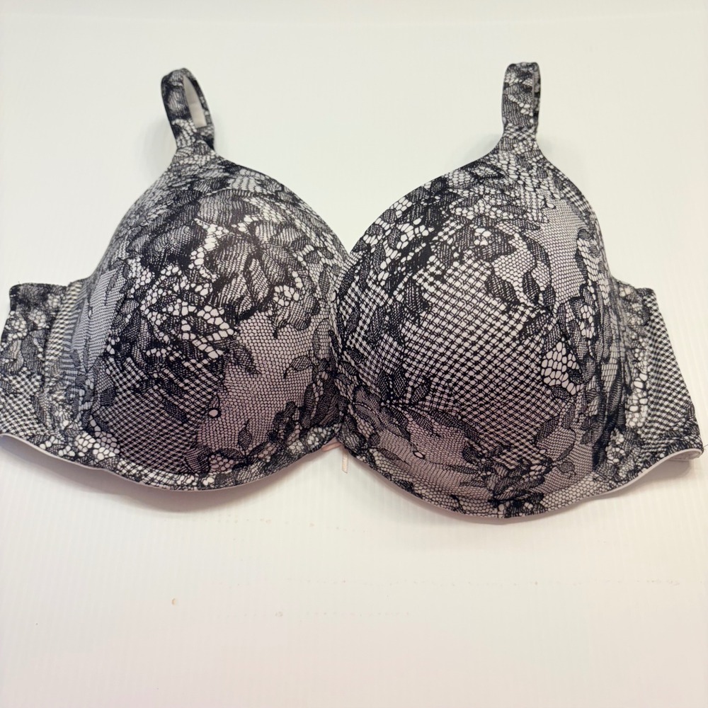 Cacique Boost Plunge Bra‎ Womens 44DD Black White Floral Lace Underwire Padded